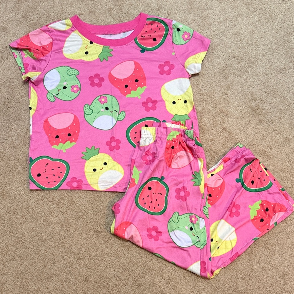 Squishmallows Pink Kids Pajama Set with Fruit Print